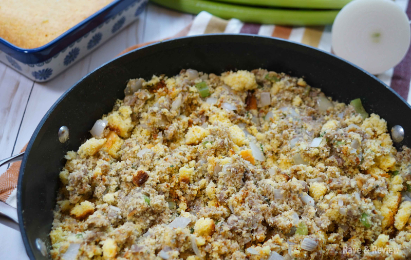 Cornbread stuffing with sausage in pan 2
