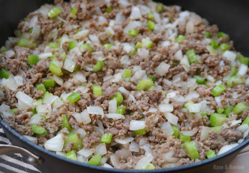 Sausage and onion with celery for cornbread stuffing