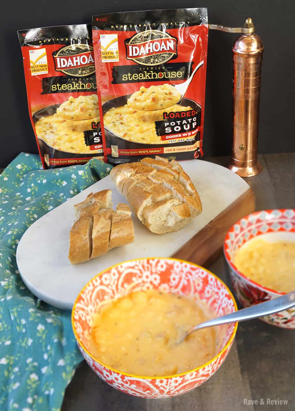 Idahoan soups with package and pull apart cheese bread
