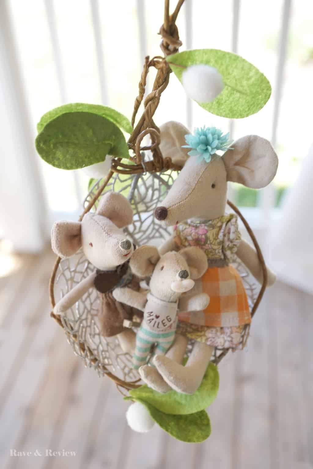 RR Maileg mice on DIY miniature fairy swing
