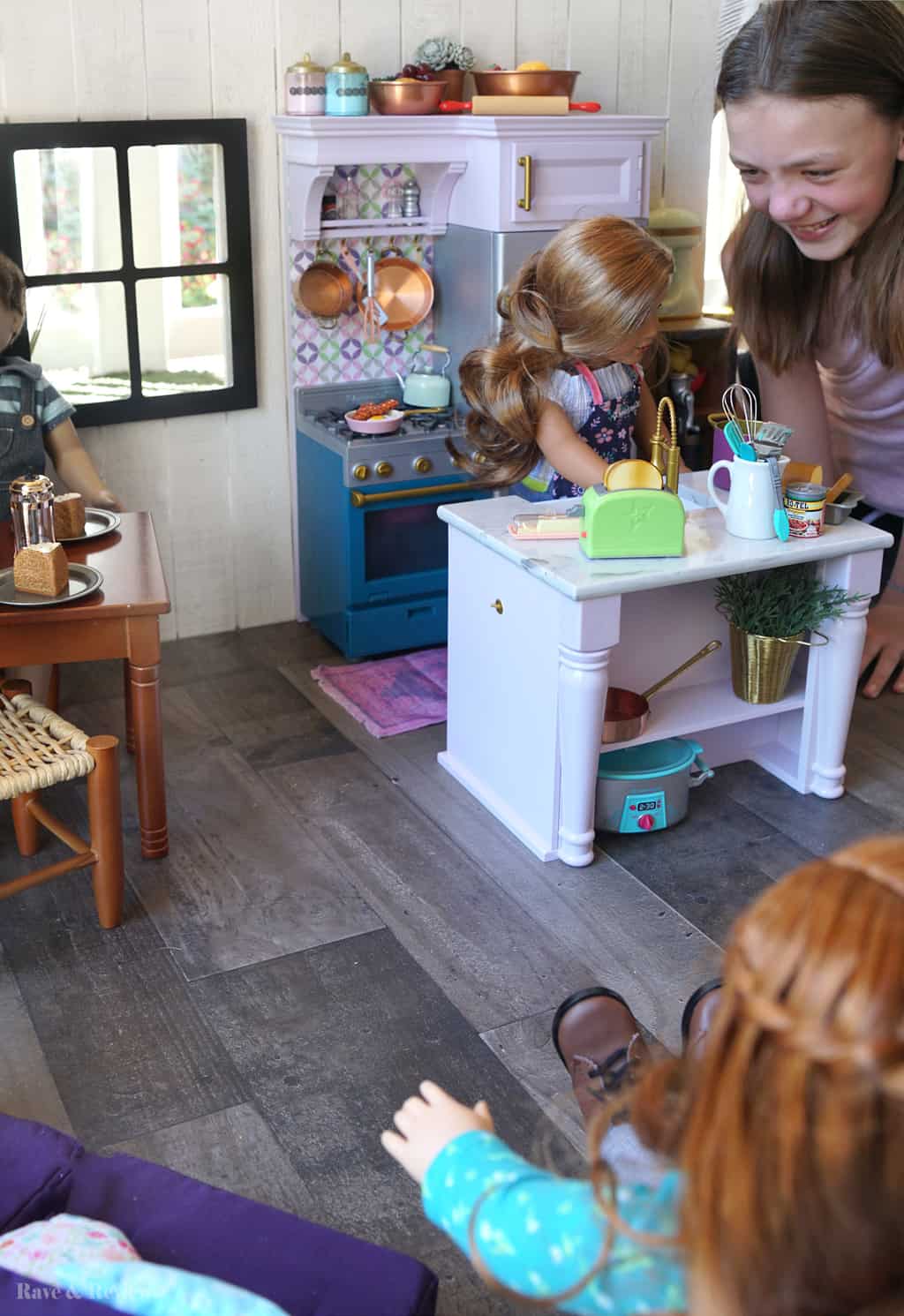 American Girl kitchen with child